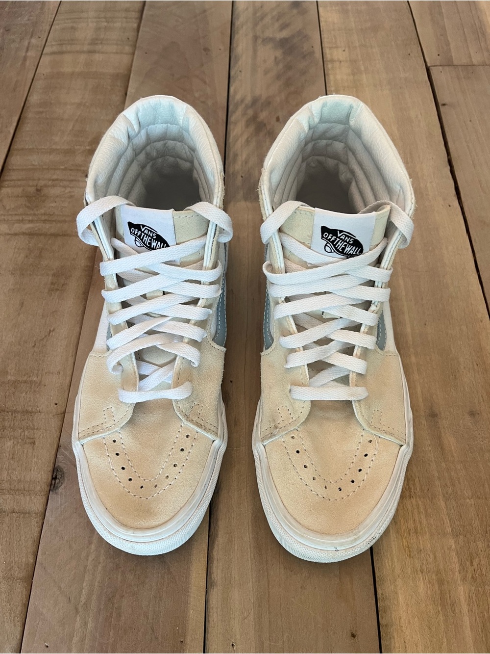 Vans SK8-Hi High-Top Lace Up Sneakers in White and Blue Rubber Waffle Women 6.5
